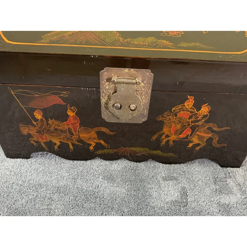 Vintage Chinese Lacquer Domed Trunk Black Gold Royal Procession Chest YC053A‎